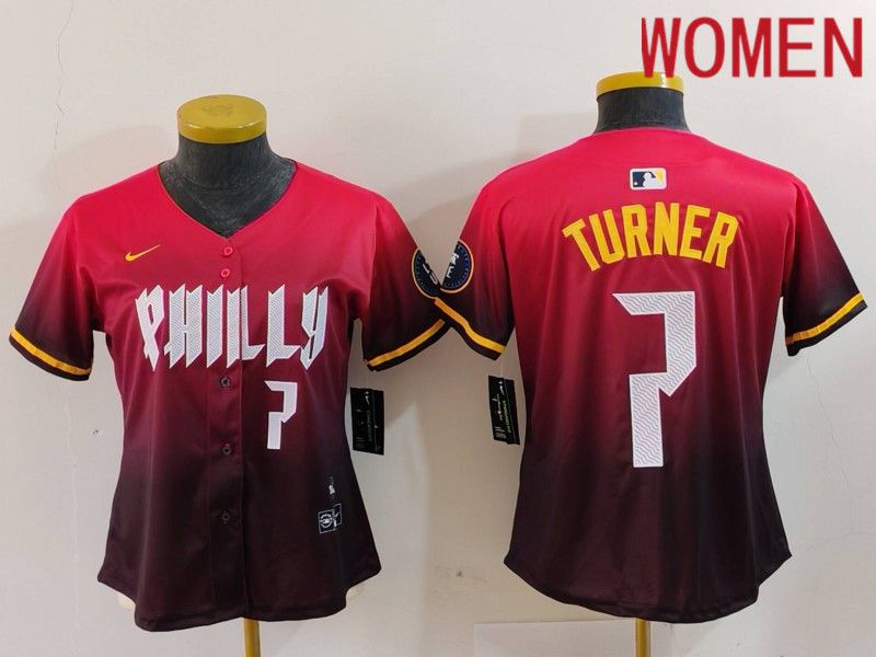 Women Philadelphia Phillies #7 Turner Red City Edition 2024 Nike MLB Jersey style 4->women mlb jersey->Women Jersey